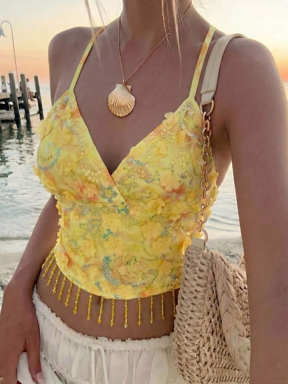 Yellow Boho Women's 3d Floral Decor Fringe Hem Camisole Top - Picture 1 of 5